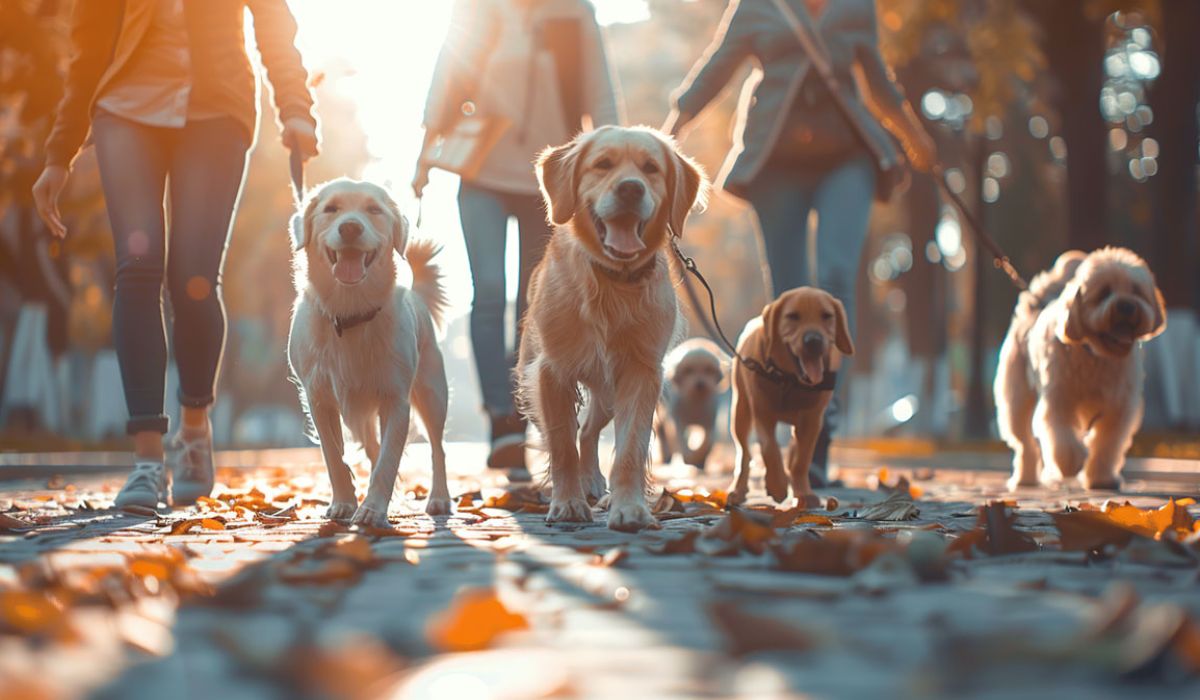A group of people walking together with their dogs in a park setting.