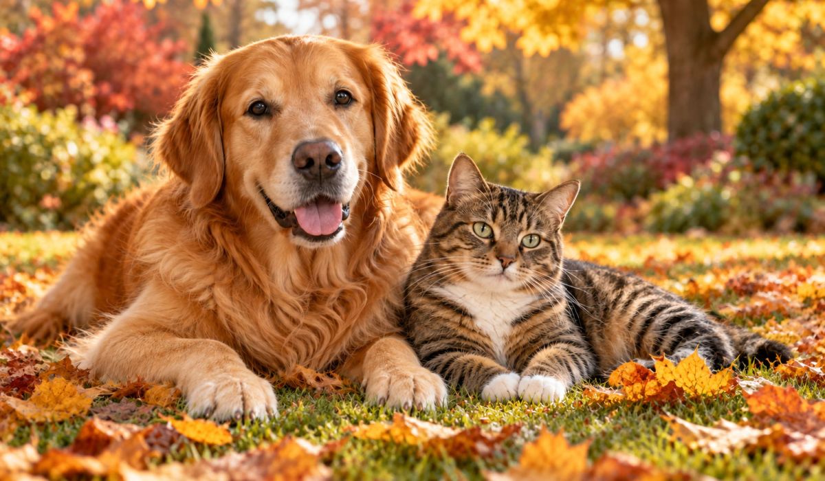 Golden retriever and tabby cat resting together on grass surrounded by golden autumn leaves.