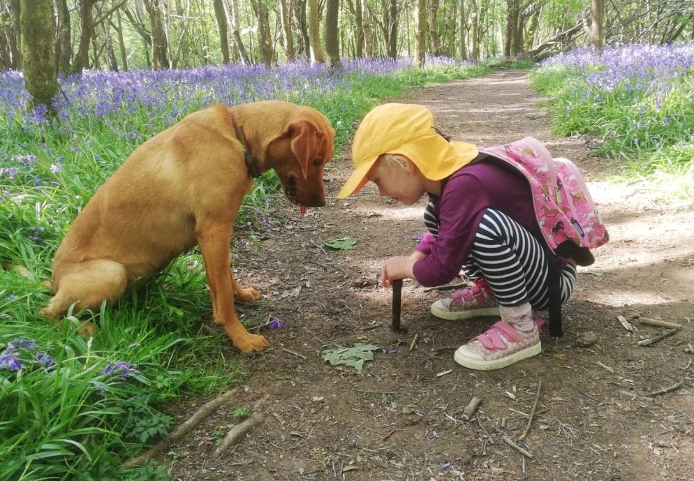 Young girl sitting next to a dog