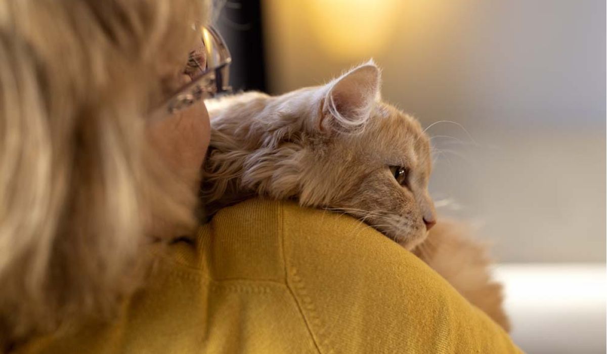 A woman cradles a cat on her shoulder, showcasing a warm and affectionate bond between them.