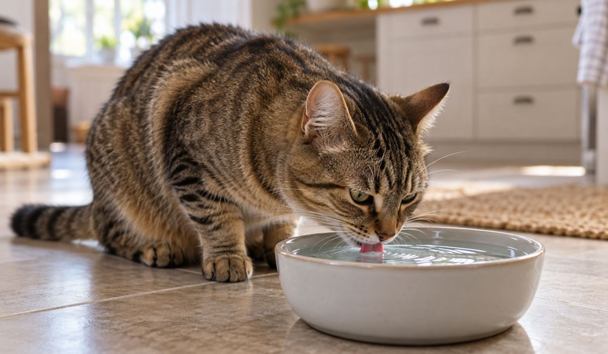 Tabby cat drinking water from a ceramic bowl on a kitchen floor.