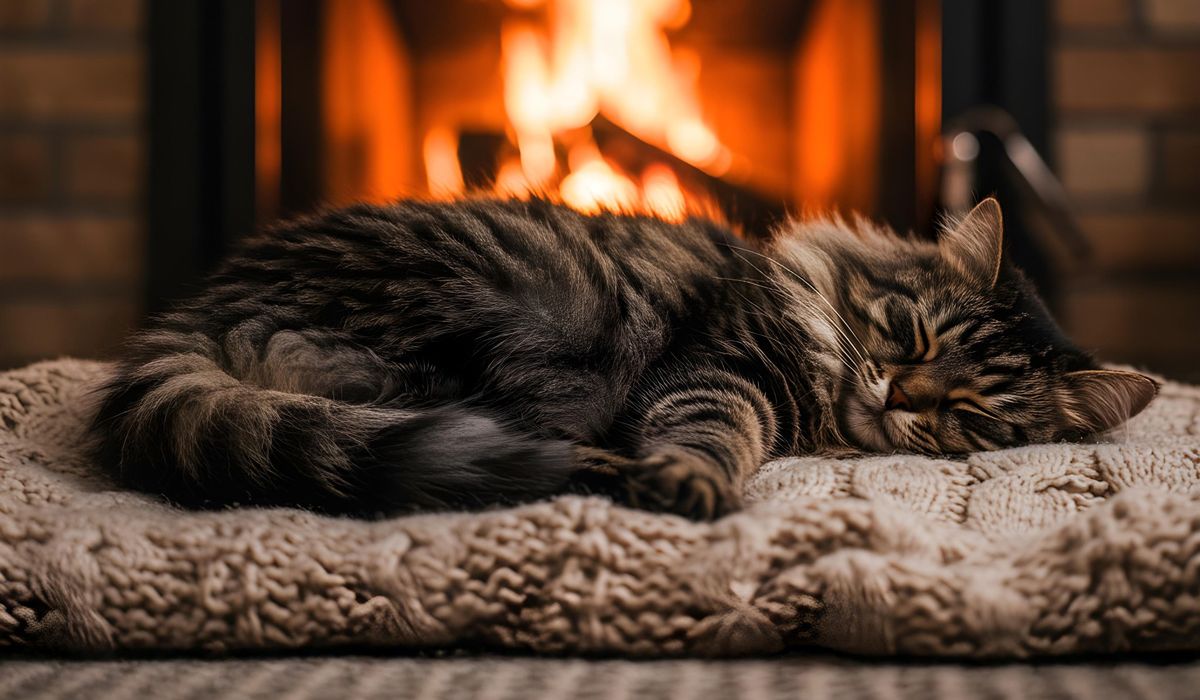 A fluffy tabby cat sleeps peacefully on a cream knitted blanket, in front of a glowing fireplace. The scene conveys warmth and coziness.