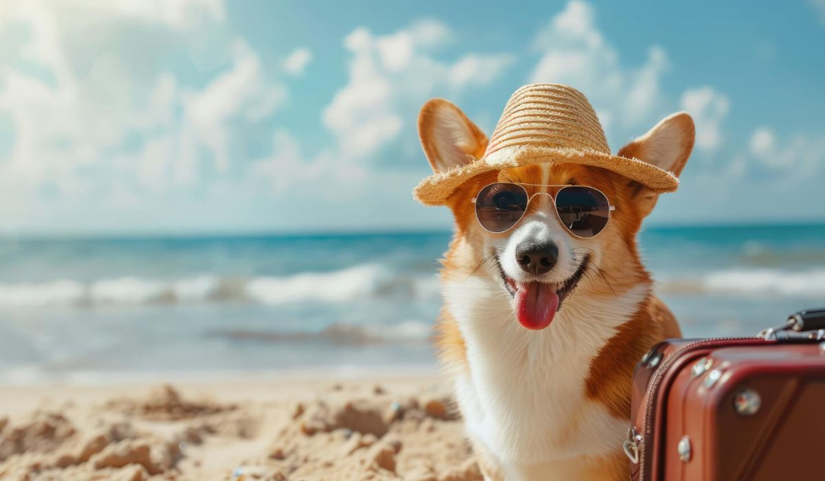 Cute corgi dog with a straw hat sunglasses and a suitcase at the beach