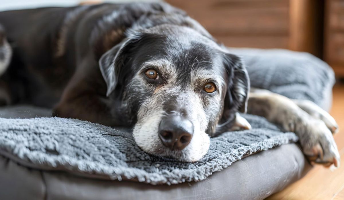 Senior black and white dog resting comfortably on a soft orthopaedic bed.
